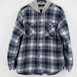 Wrangler Authentics Men's Medium Plaid Flannel Lined Hooded Shirt Jacket Blue